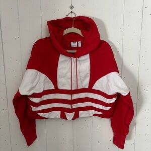 Adidas Women's Bold Red and White Cropped Hoodie